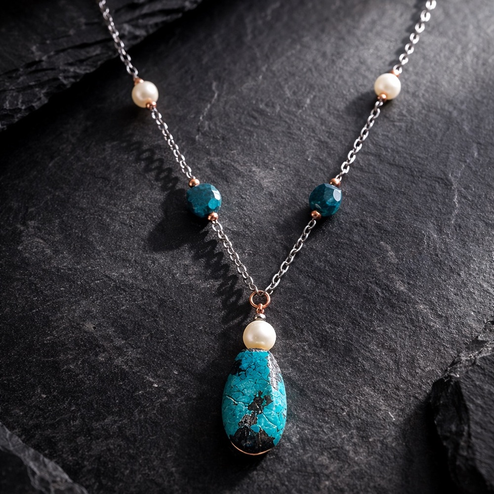 Turquoise & Pearl Mixed Metal Artisan Y Statement Necklace - Hand Crafted